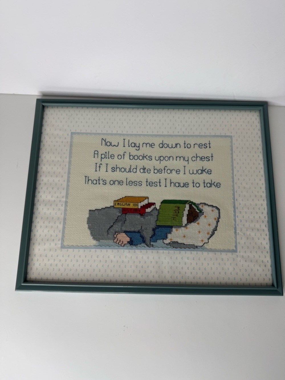 Vintage “Now I Lay Me Down To Rest” Funny Study Book Cross Stitch Framed Art